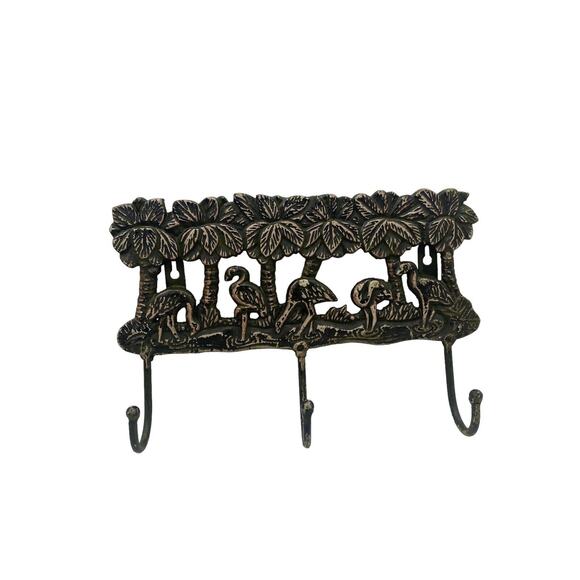 FLAMINIGOS Wall Hanging Coat Hat Key Rack w 3 Hooks Vintage Heavy Cast Metal - Picture 5 of 10